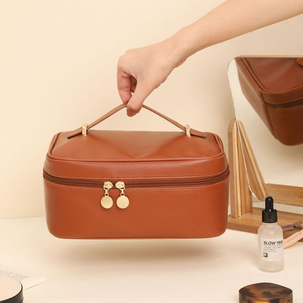 Cosmetic Bag Fashion Square Leather Portable Handheld Makeup Bag Short Trip Toiletries Storage Cosmetic Bag