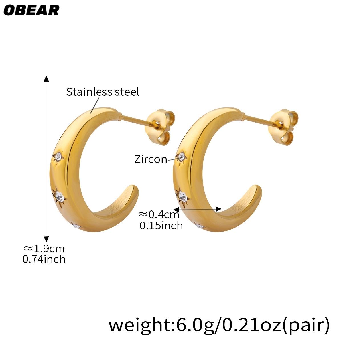 

18K Gold Plated Stainless Steel C-Shaped Hoop Earrings for Women, Minimalist Cubic Zirconia Stud Earrings, Trendy Daily Jewelry