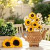 Home Soft Furnishing Wooden Teapot Shape Flower Holder, Natural Wood Floral Display Stand, DIY Hand Painted Art Blank Vase Decor for Artificial