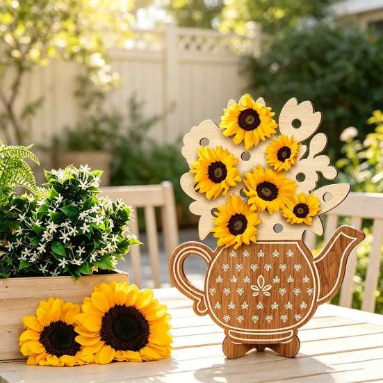 Home Soft Furnishing Wooden Teapot Shape Flower Holder, Natural Wood Floral Display Stand, DIY Hand Painted Art Blank Vase Decor for Artificial