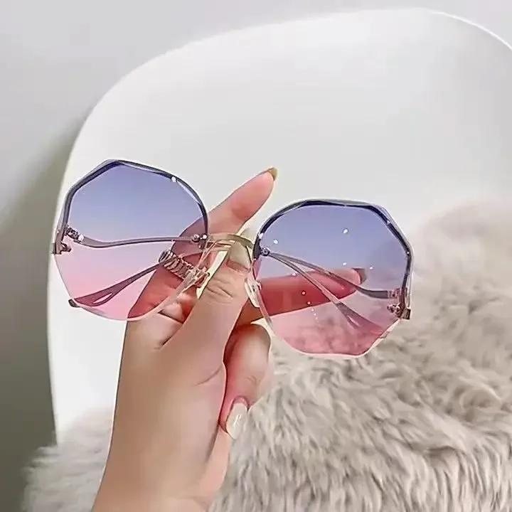 Rimless Sunglasses for Women/Men Colour Polygonal Large Frame Gradient Sunscreen Eyeglasses Gafas De Sol