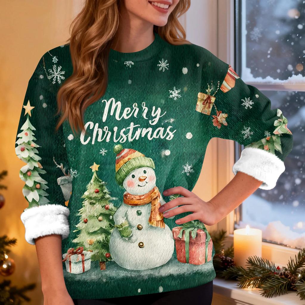 Women's Fashion Casual Long Sleeve Christmas Printed Round Neck Top Sweatshirt