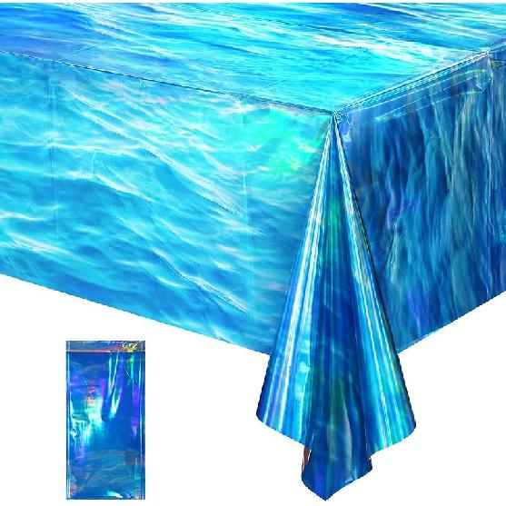 3 Pcs Iridescent Waves Tablecloths - Disposable Plastic Ocean Blue Table Cloth Rectangle Table Covers for Under the Sea Beach Surf Pool Party