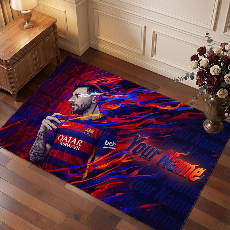 Lionel Messi Individueller Kristall-Samt-Teppich, Personalisierter Namens-Textdruck, Fußball-Logo Weiche rutschfeste Fußmatte Heimdekoration Geschenk