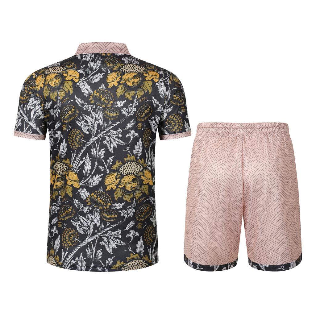 Men's Summer Casual Two Piece Set Short Sleeve Polo Shirt with Printed Design and Matching Drawstring Shorts Lightweight Breathable Fabric