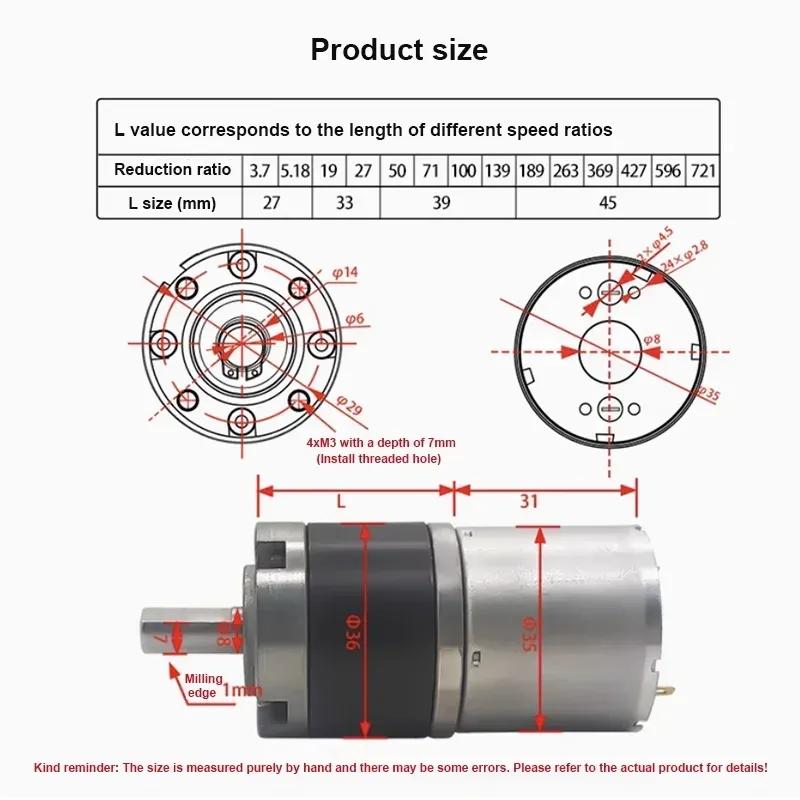 36GP-3530DC Planetary Gear Motor36MM 12v 24v Shaft Diameter 6mm/8mm  Max Torque 50kg Adjustable Speed Can CW CCW Electric Motor
