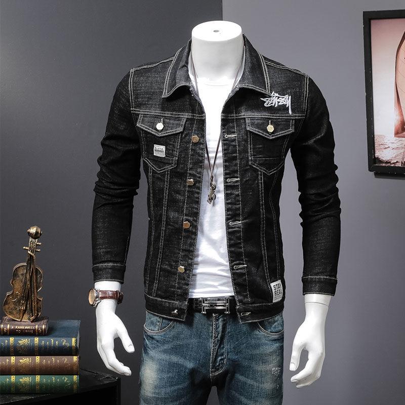 Giacca di Jeans Uomo Pile Ispessito Completo Versione Coreana Slim-fit Elastica Giacca di Jeans Taglie Forti Uomo