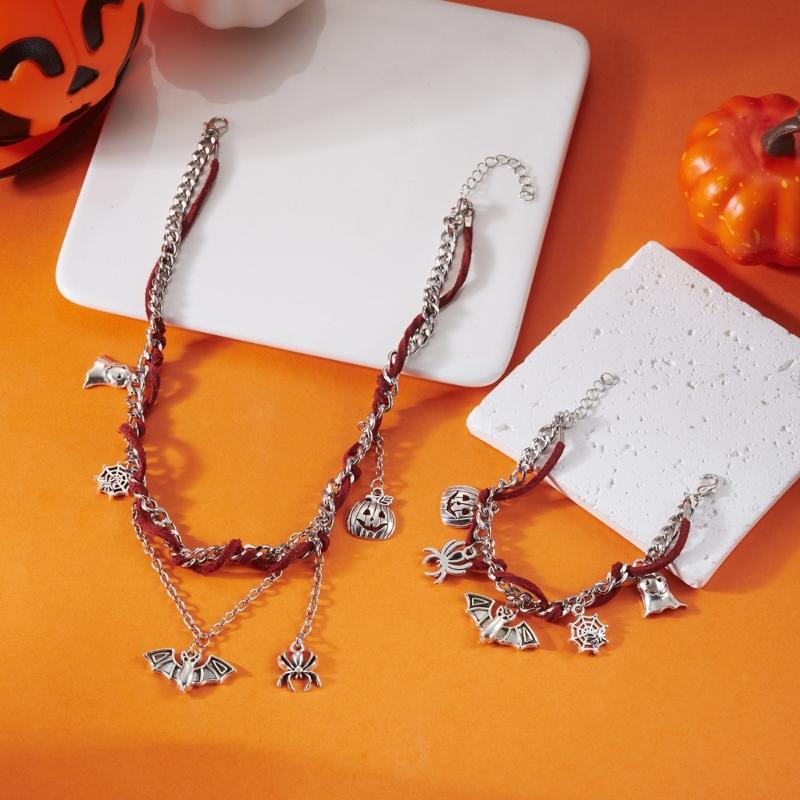 Halloween Jewelry Adjustable Necklace Pendant Bracelet with Specter Pumpkin Bat Spiders Charm Pendant for Women Party Gift