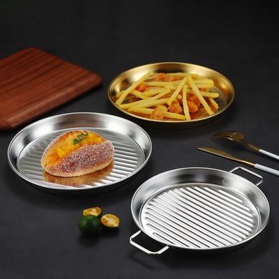 Stainless Steel Pizza Pan Gold/Silver Stripe Anti-stick Pattern Food Serving Plate Stackable Binaural Handle Dinner Plate