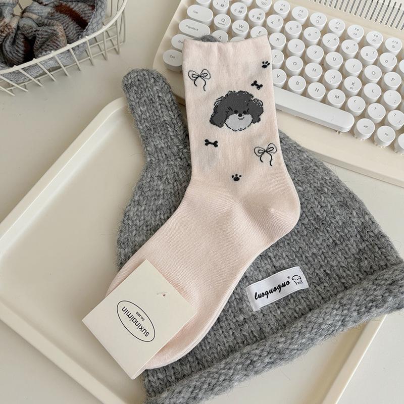 

Original cute funny socks female ins tide spring and autumn Japanese cute curly puppy medium tube socks One size fits all розовый