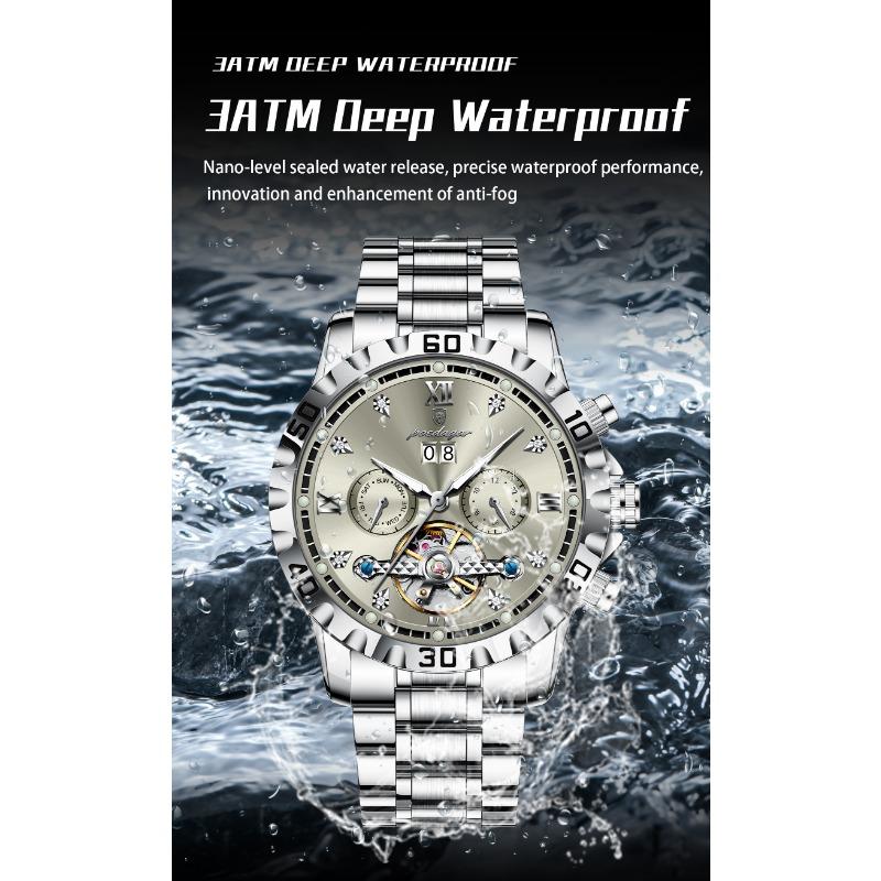 POEDAGAR Top Luxury Men Watch Automatic Date Week Man Wristwatch Hollow Tourbillon Mechanical Stainless Steel Watches
