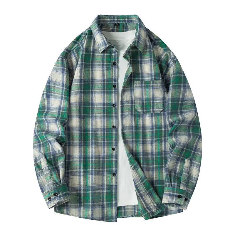 

Fashion Casual Versatile Plaid Men s Long-sleeved Shirt New Loose Lapel Shirt L зелёный