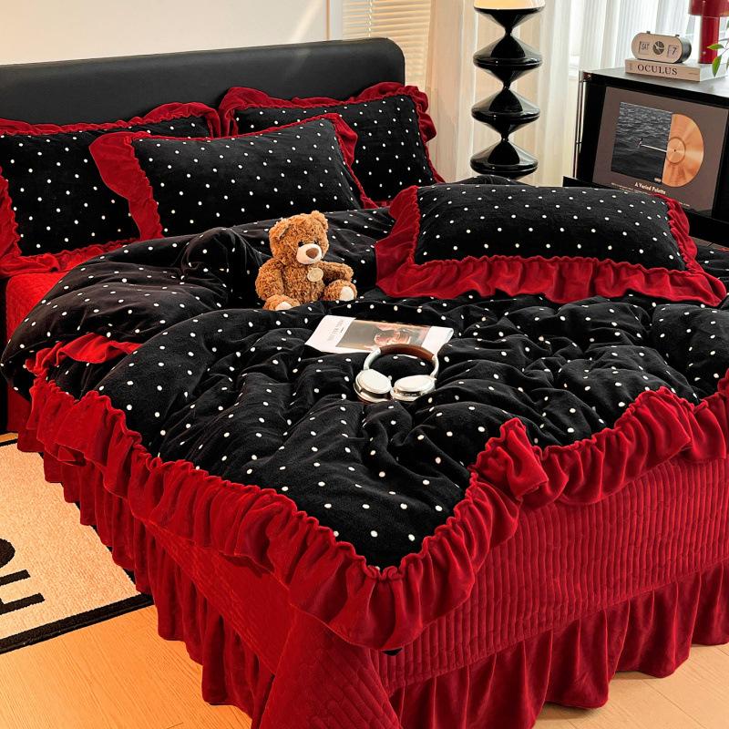 Xiaohongshu Popular Thickened Milk Fleece Bed Cover Bed Skirt Four-Piece Set Farai Fleece Warm Quilt Cover Bed Hat