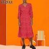 Women's Fashion Summer Spring Polka Dot Print 3/4 Sleeves V-Neck High Waist Casual Dresses
