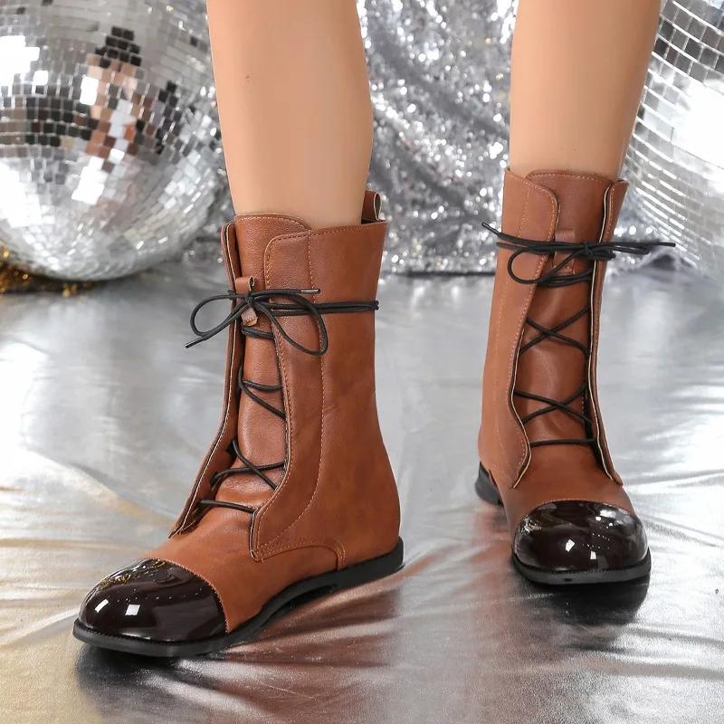 Fashion Modern Boots Women 2024 Plus Size Shoes Female Mid-Calf Women's Boots Concise Round Toe Flat with Front Lace-up Shoes Women
