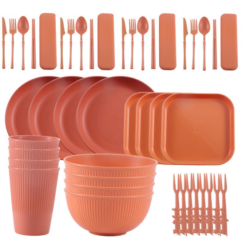 Wheat Straw Tableware Set - Portable Bowl, Plate, Cup, Knife, Fork, Spoon & Chopsticks for Students