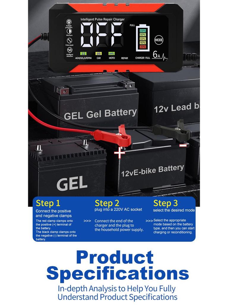 12V 10A Smart Battery Charger for Cars and Motorcycles