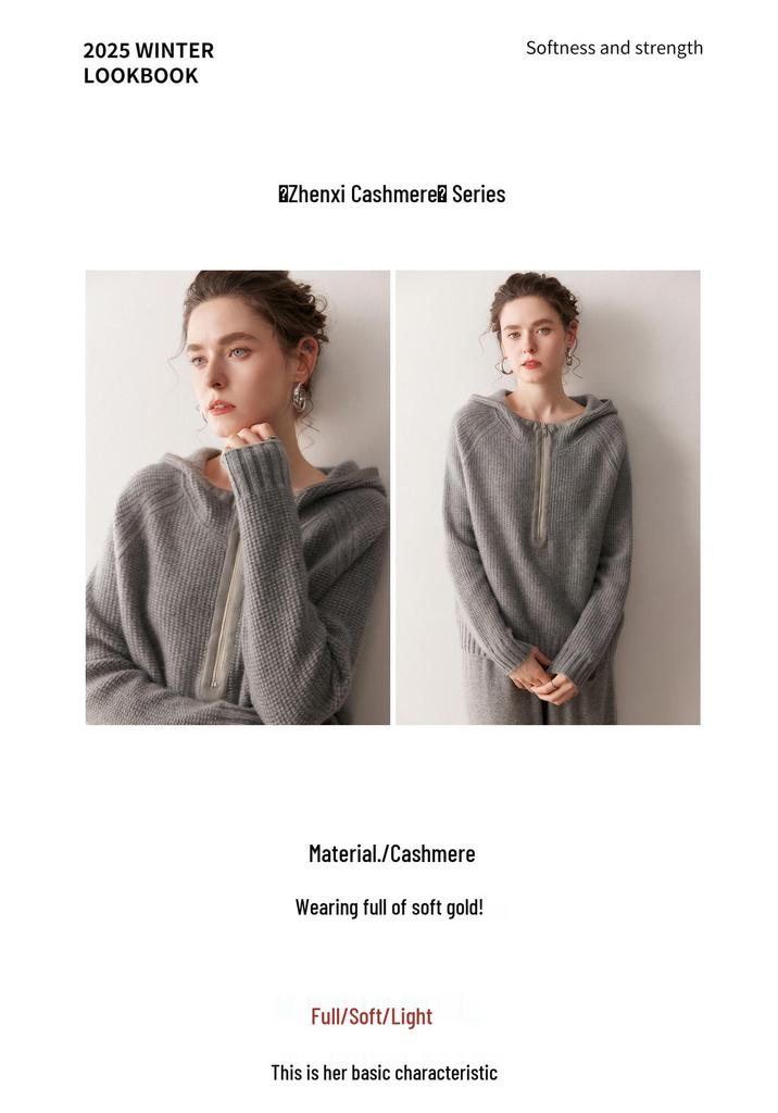 Women's Loose Cashmere Hooded Half-Zip Pullover - Autumn & Winter Cross-Border Knit Sweater