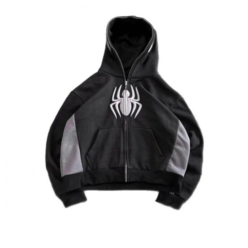 Y2K Spider Print Hooded Zip-Up Sweatshirt Unisex Dark Streetwear Oversized Fit Fall Winter
