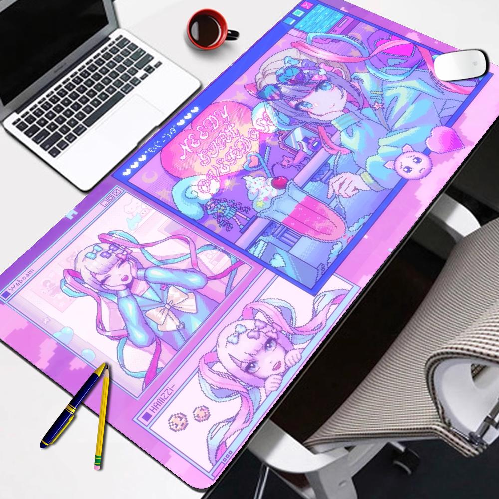 Large Gaming Desk MatAntislip Rubber Base Stitched EdgesCute Pastel Pink  Blue Anime Girl PrintNonslip Extended Mouse Pad