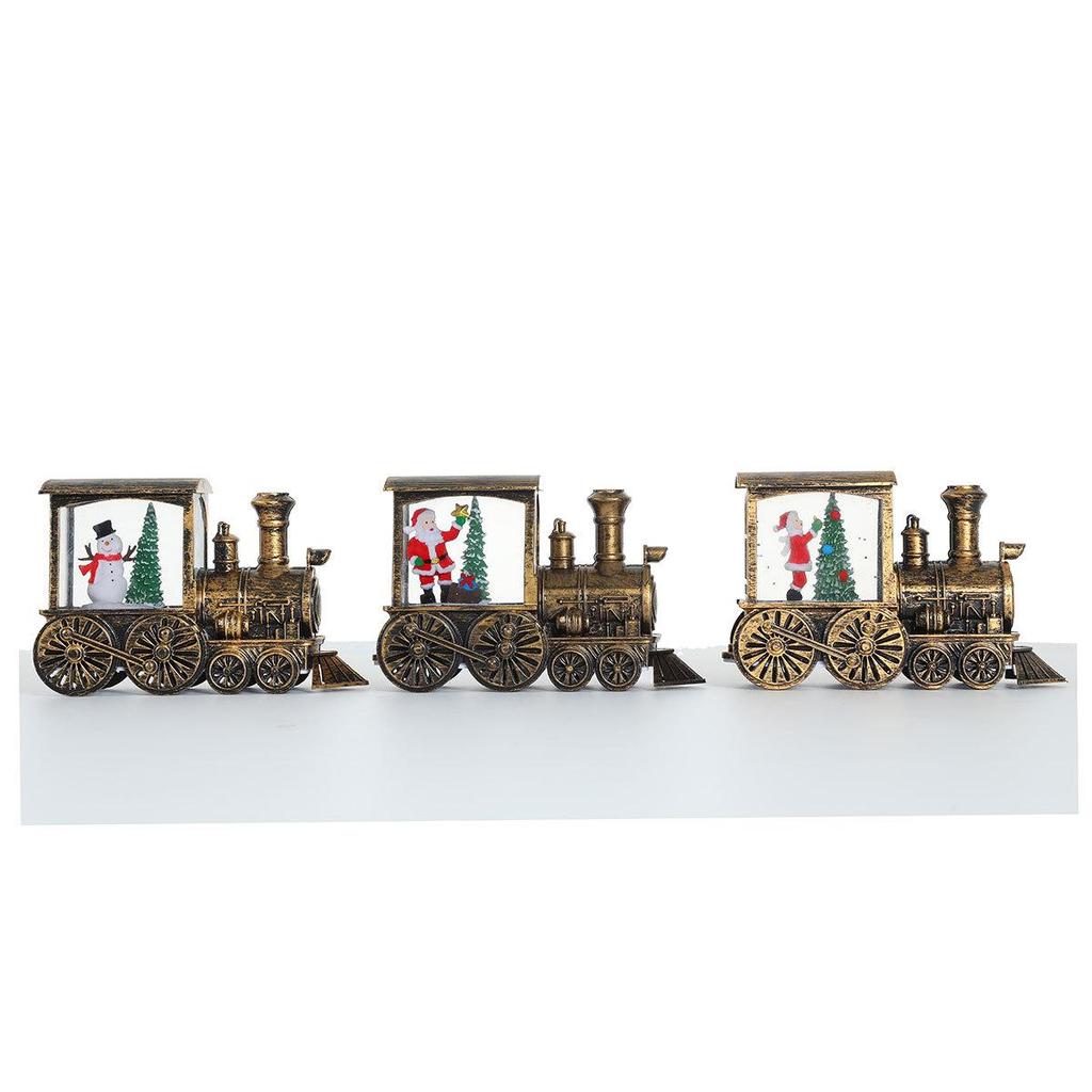 Creative Gold-Brushed Christmas Locomotive Ornament with Luminous Water-Filled PVC Night Light