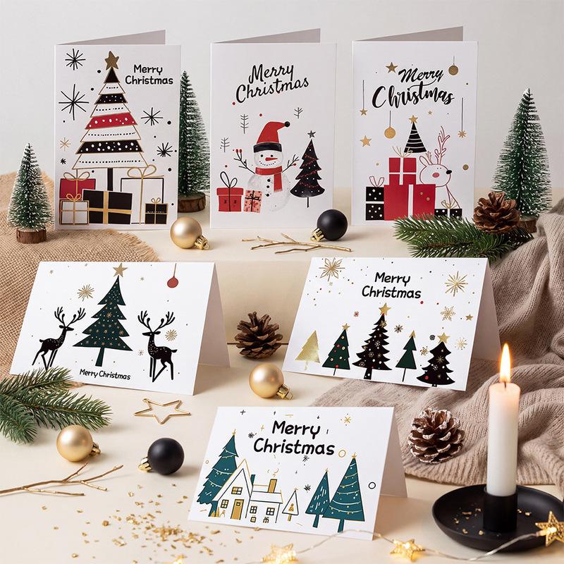 6Pcs Christmas Card Set with Envelopes & Stickers Minimalist Gold Black Tree Snowman Reindeer Holiday Greeting Cards