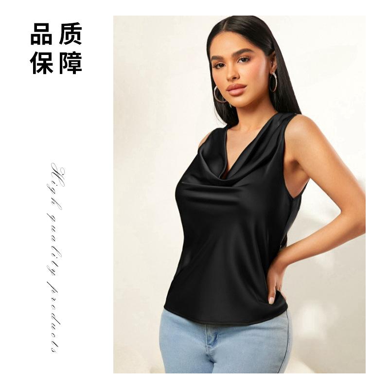 Women Black Satin Cowl Neck Sleeveless Blouse S чёрный