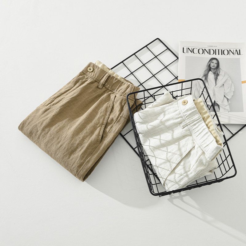 Men's Summer Straight-Leg Ramie Casual Pants, Japanese Retro Loose-Fitting Breathable Cotton-Linen Cropped Pants