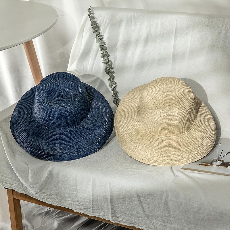 Solid Hepburn Style Elegant Straw Hat, Vintage Sun Protection Beach Woven Sun Hat for Women