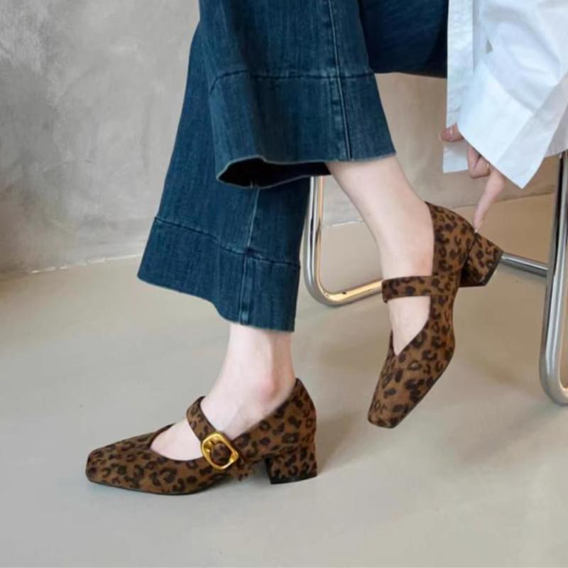 Leopard Luxury High Heels Retro Mary Janes Shoes Women Sneakers 2024 Autumn New Suede Shoes Elegant Dress Pumps Tenis De Mujer