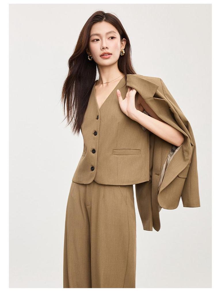 Women's Fashion Khaki V-Neck Vest Waistcoat for Spring & Autumn - Casual Professional Commute Style