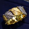 Huitan Two Tone Women Ring Aesthetic Leaf Design Elegant Wedding Party Accessories Inlaid Shining CZ Fashion Luxury Jewelry Gift