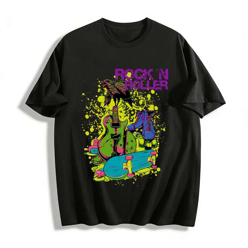 

Vintage Rock Style Raven Guitar Skateboard Print Casual T-Shirt Pure cotton T-shirt XXS