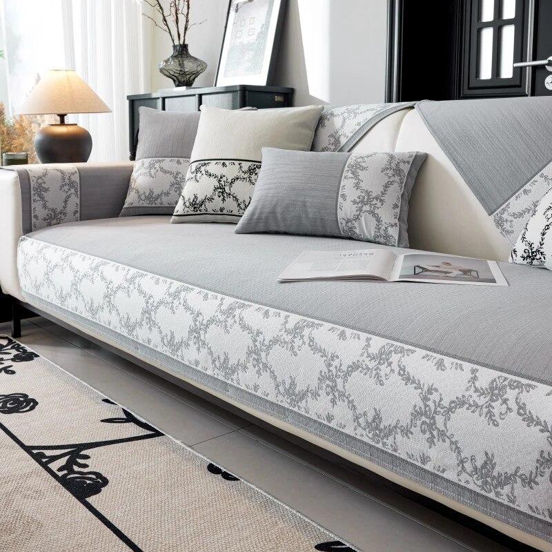 Chenille Sofa Cushion White Wide Edge Cover Plant Jacquard Universal Cover Anti Slip Simple Universal Living Room Backrest Towel
