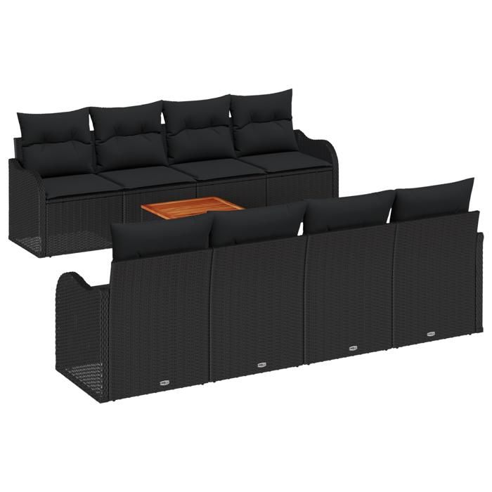 Set de canapé de jardin 9 pièces avec coussins noir poly rotin acacia, Canapé de jardin 2 places avec coussins noir poly 3347429