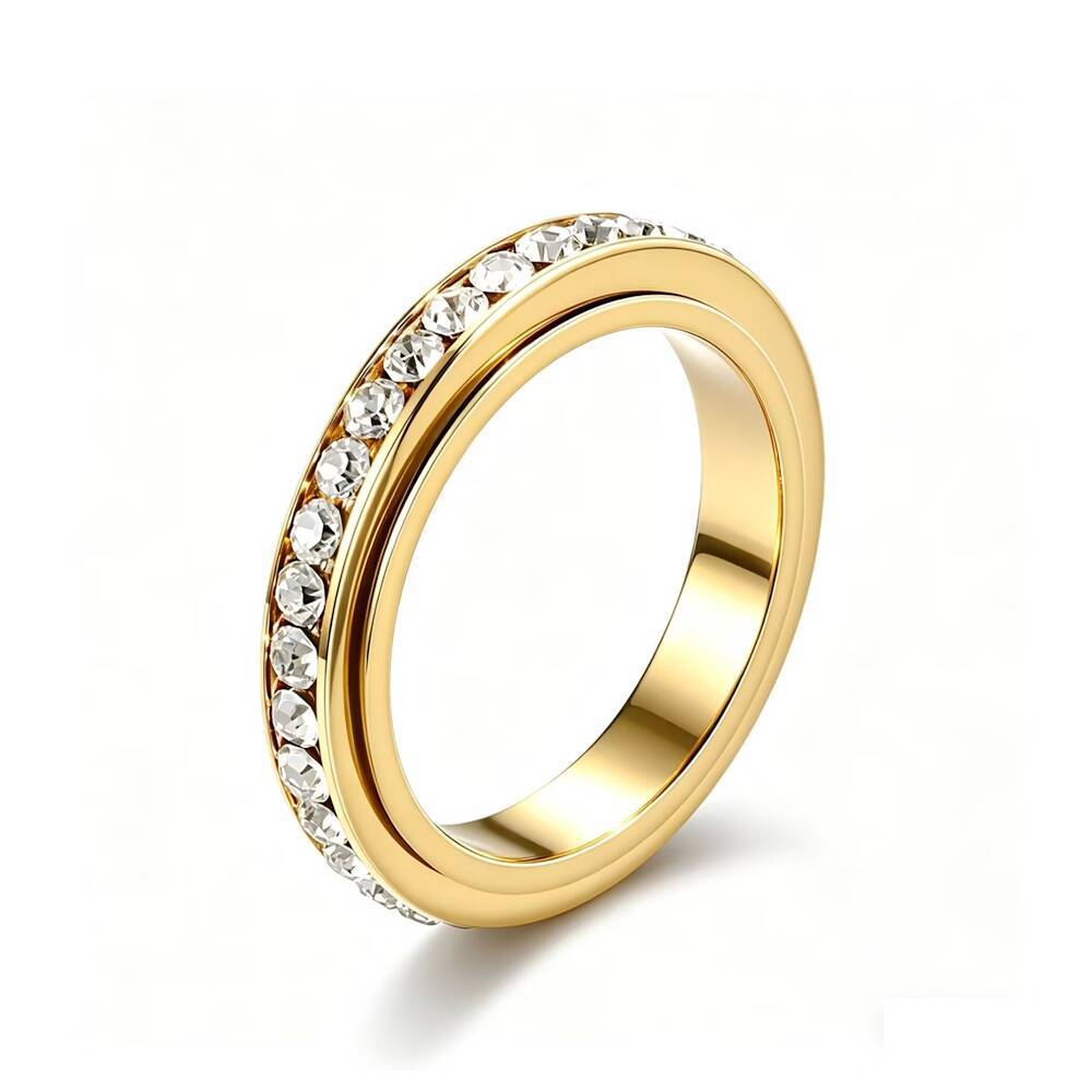Light luxury temperament rotatable single row full diamond titanium steel ring women's 18k non-fading zircon gypsy couple ring
