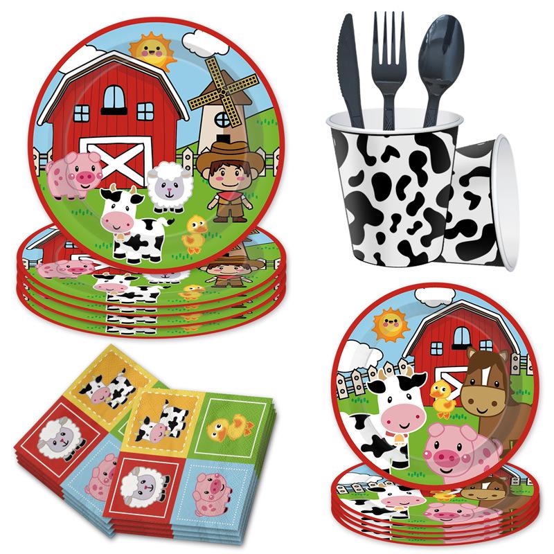 Cartoon Farm Ranch Cows Animals Children'S Birthday Party Cutlery Paper Plates Paper Cups Tissue Tablecloths Party Supplies