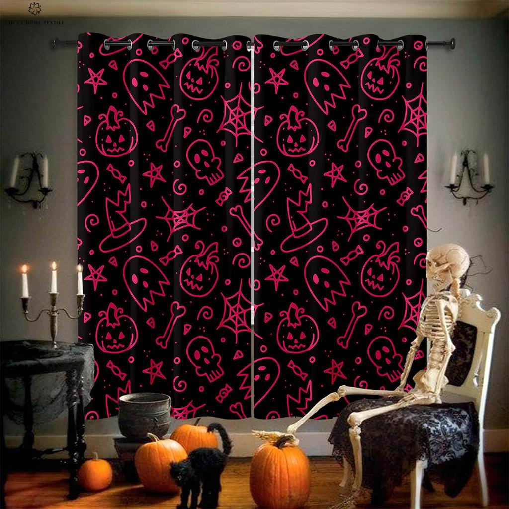Halloween Skull Spider Web 3D Printed Blackout Curtain, Heat Insulation, Suitable for Bedroom and Dining Room Decoration