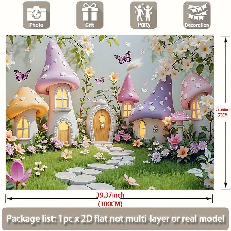 2D Planar, Single-piece Mushroom-themed Wall Decoration Banner —— Mushroom House with Flowers and Butterflies