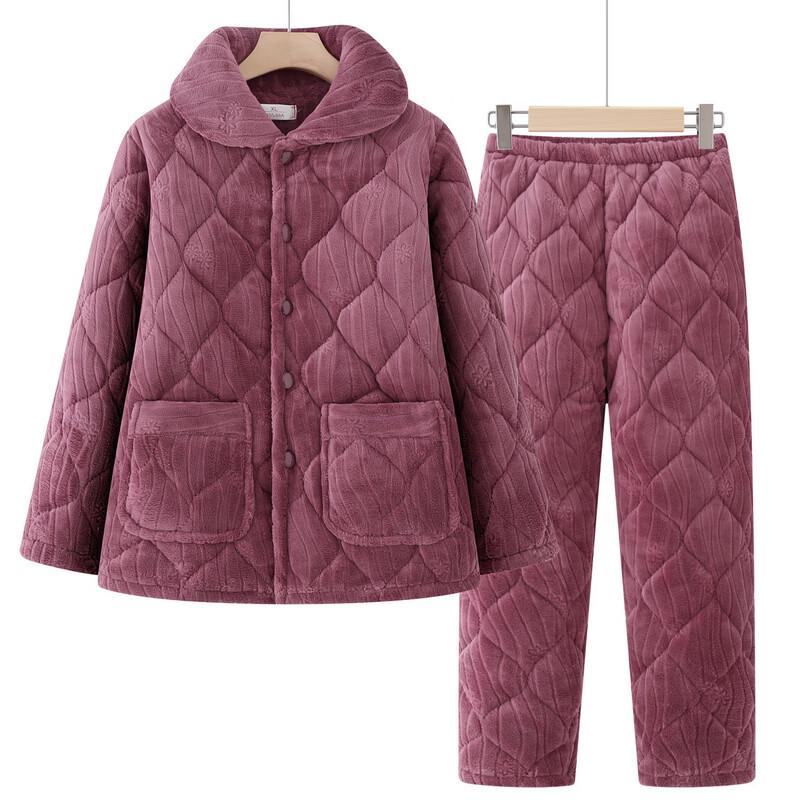 Langsha Elderly Women's Fleece-Lined Thermal Pajama Set