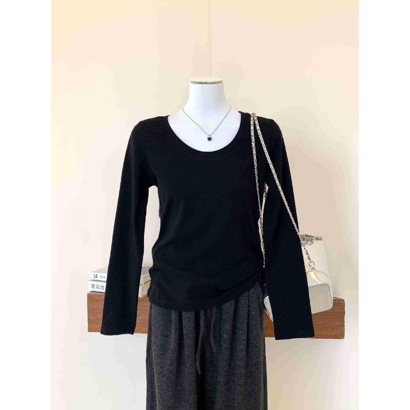 Simple collar straight shoulder bottoming shirt women's white shirt spring slim-fitting and thin long-sleeved top with pure desire