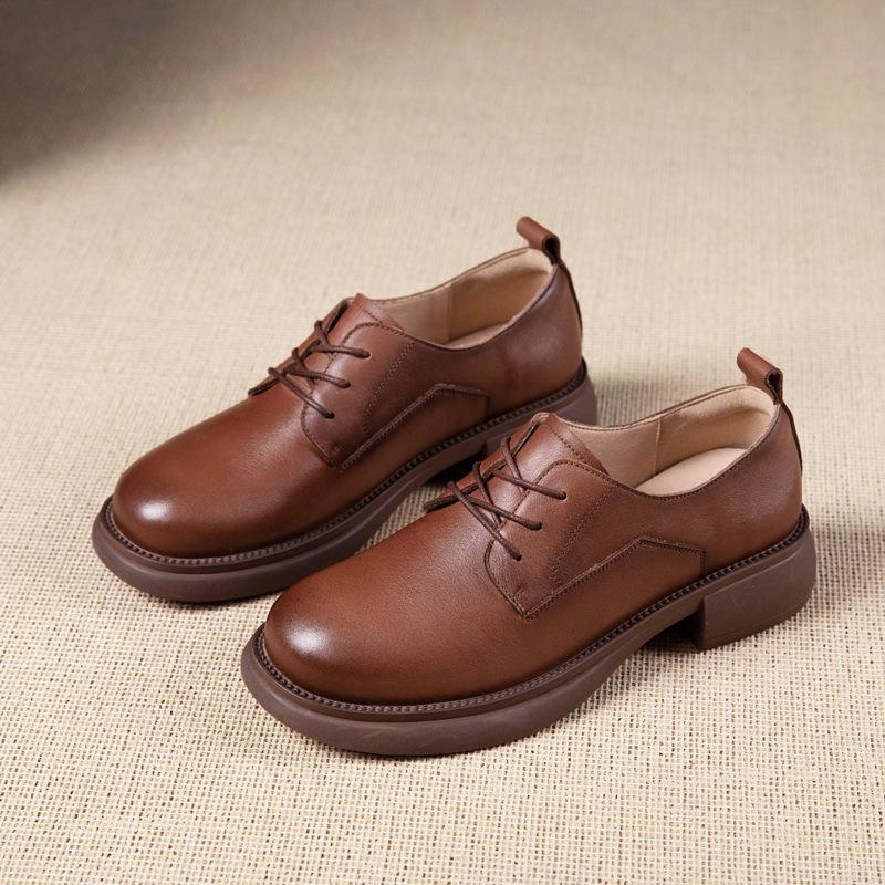 First layer cowhide loafers women's spring and autumn new casual retro lace-up British style work small leather shoes women's single shoes