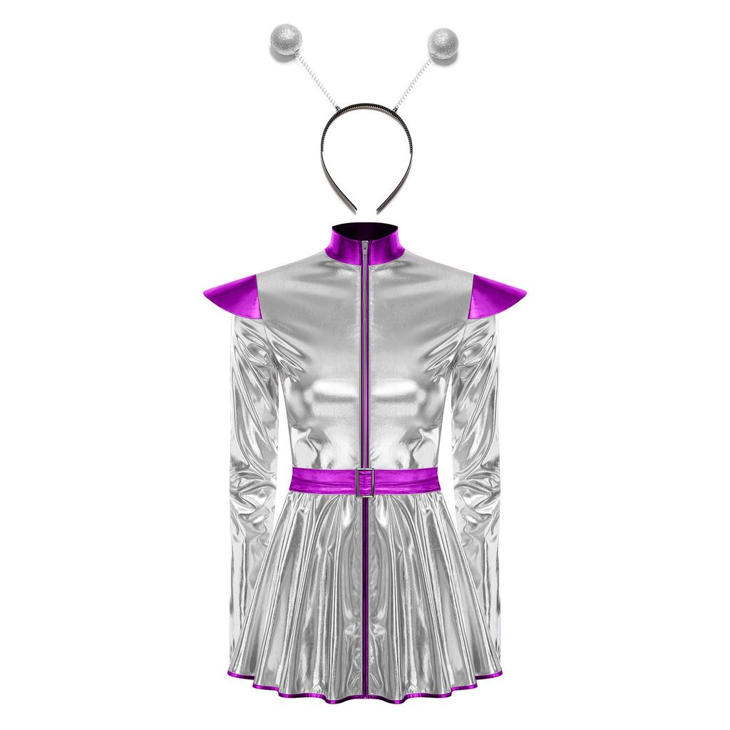 Womens Space Alien Costume Long Sleeve A Line Dress Metallic Shiny Front Zipper Design Astronaut Cosplay