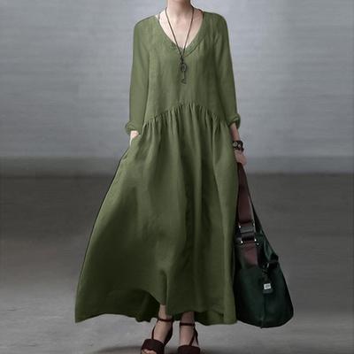 Fashion Long Sleeve V Neck Elegant Sundress Women Casual Solid Color Loose Long Dress
