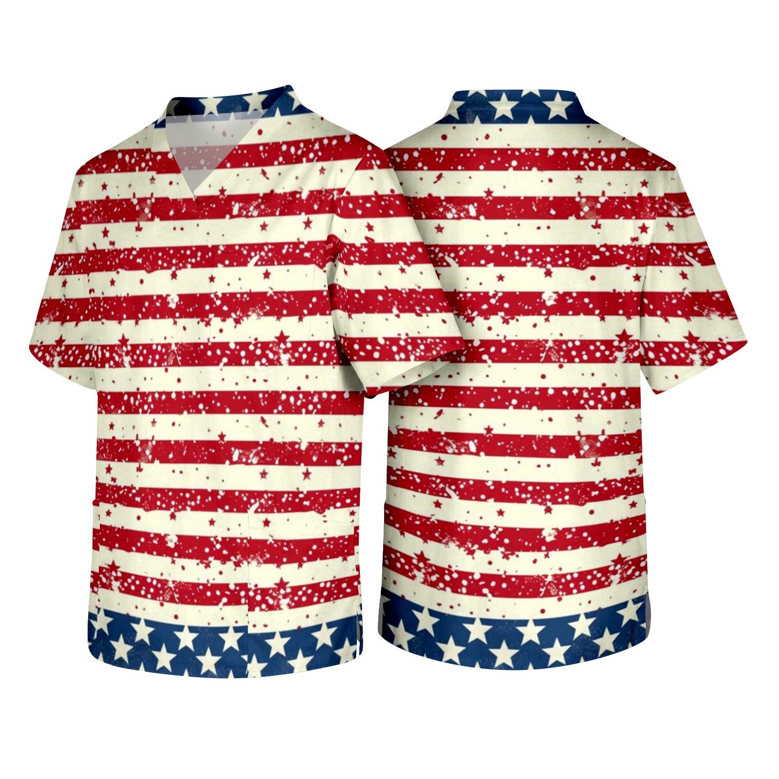 

Men s V Neck Short Sleeve Work Scrub Top with Front Chest Pocket and Distressed Flag Print Suitable for Healthcare Professionals S