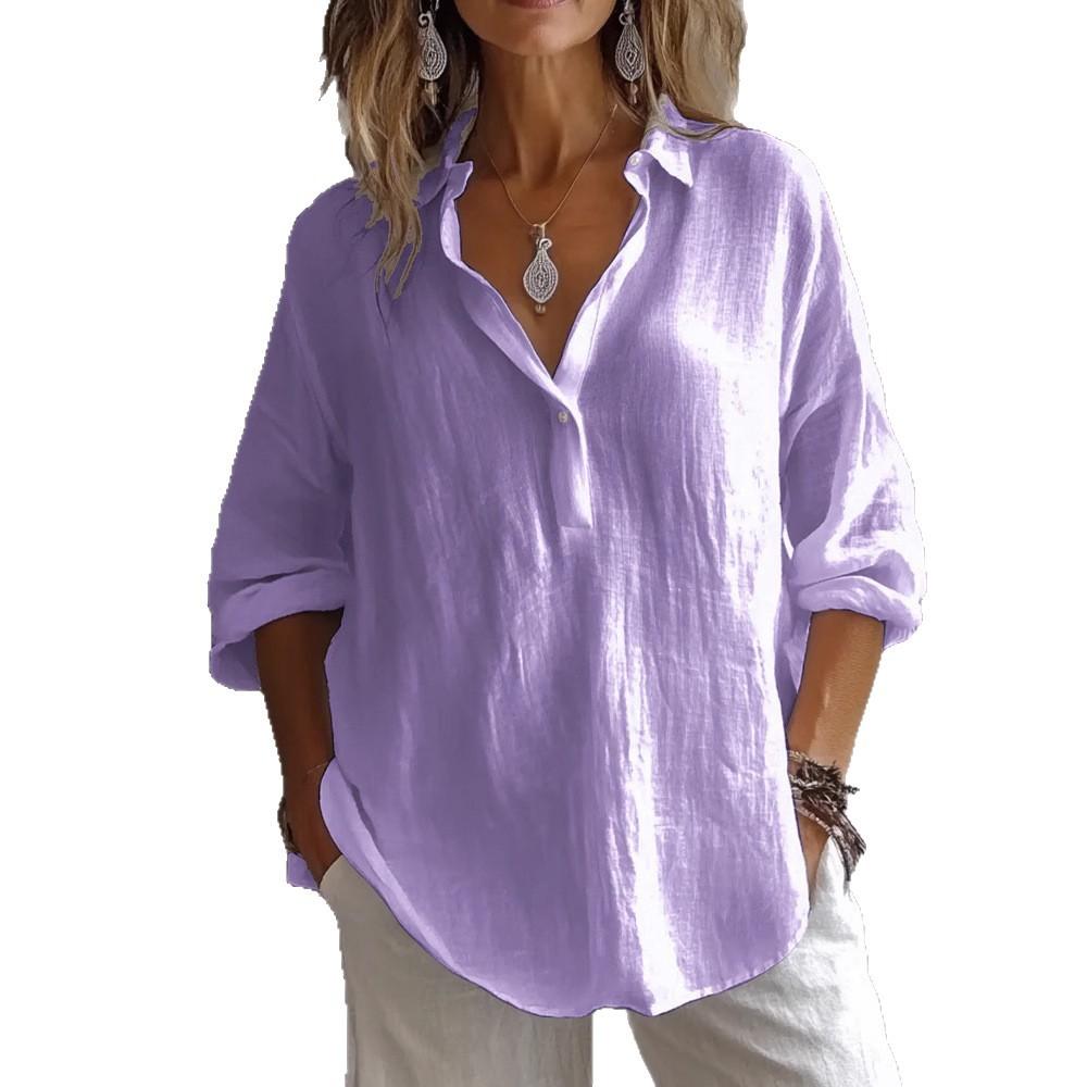 Spring and Summer Solid Color Casual Loose Long-sleeved Linen V-neck Shirt for Women