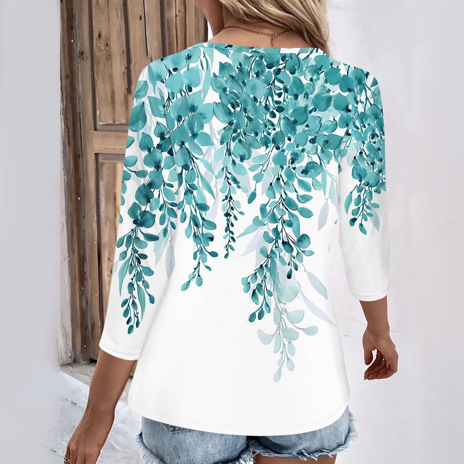 Женские повседневные футболки с рукавом 3/4 для выходных с V-образным вырезом и принтом — фото 5