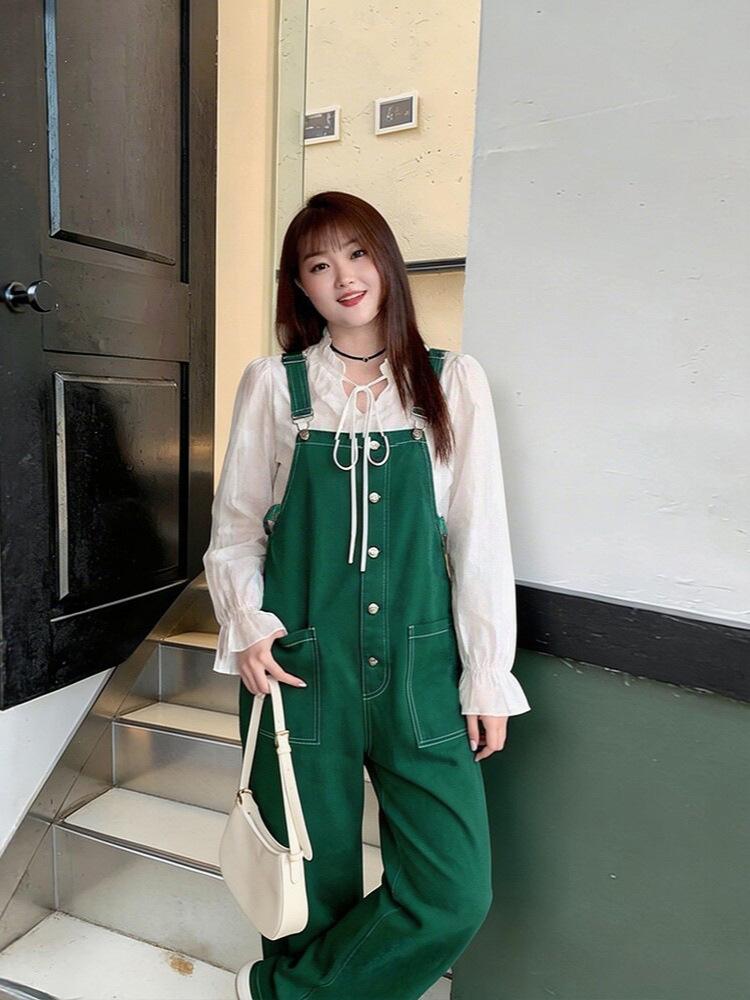 Clearance Sale: Plus Size Women's Spring/Autumn Shirt & Overalls Travel Set for Slightly Chubby MM