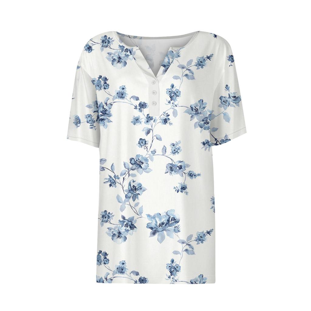 Women's T Shirt Tee Print Button Short Sleeve Daily Weekend Fashion Basic V- Neck Regular Top