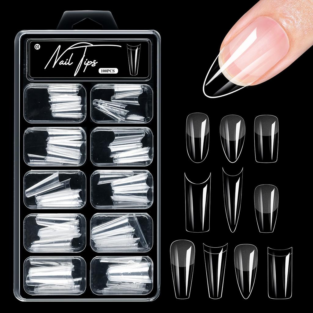Alomd/Coffin/Square/Stiletto Fake Nail Tips Clear Acrylic False Nails 10Sizes Press On Nail for DIY Nail Extensions